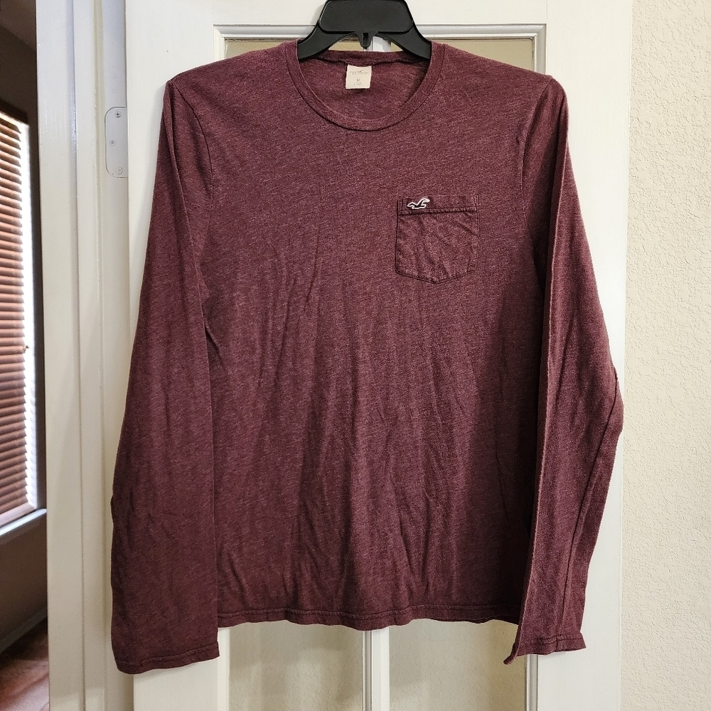 Hollister Men’s Long Sleeve Pocket Tee Burgundy Heather Logo Size M